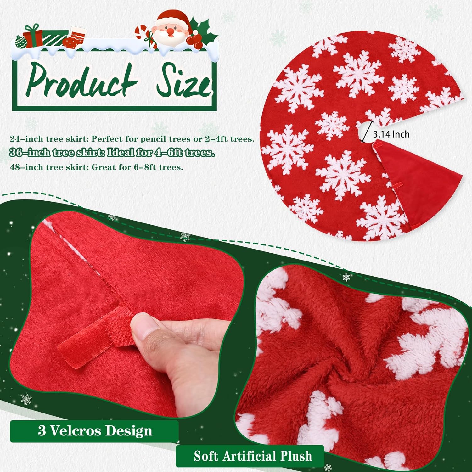 Chrisrmas Tree Skirt 48 Inches Faux Fur Red Tree Skirt with White Snowflakes Rustic Xmas Holiday Decoration