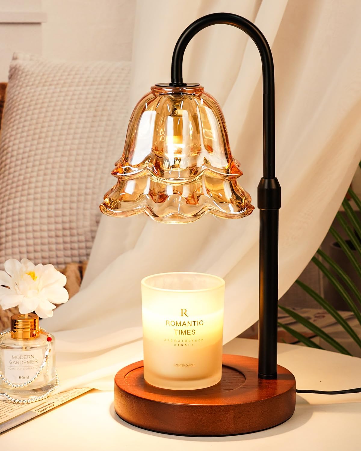 Flower Candle Warmer Lamp with Timer & Dimmer, Adjustable Height Candle Warmer, Gifts for Women Mom Birthday Christmas, House Warming New Home Bedroom Decor, Wax Warmer with 2 Bulbs for Jar Candles