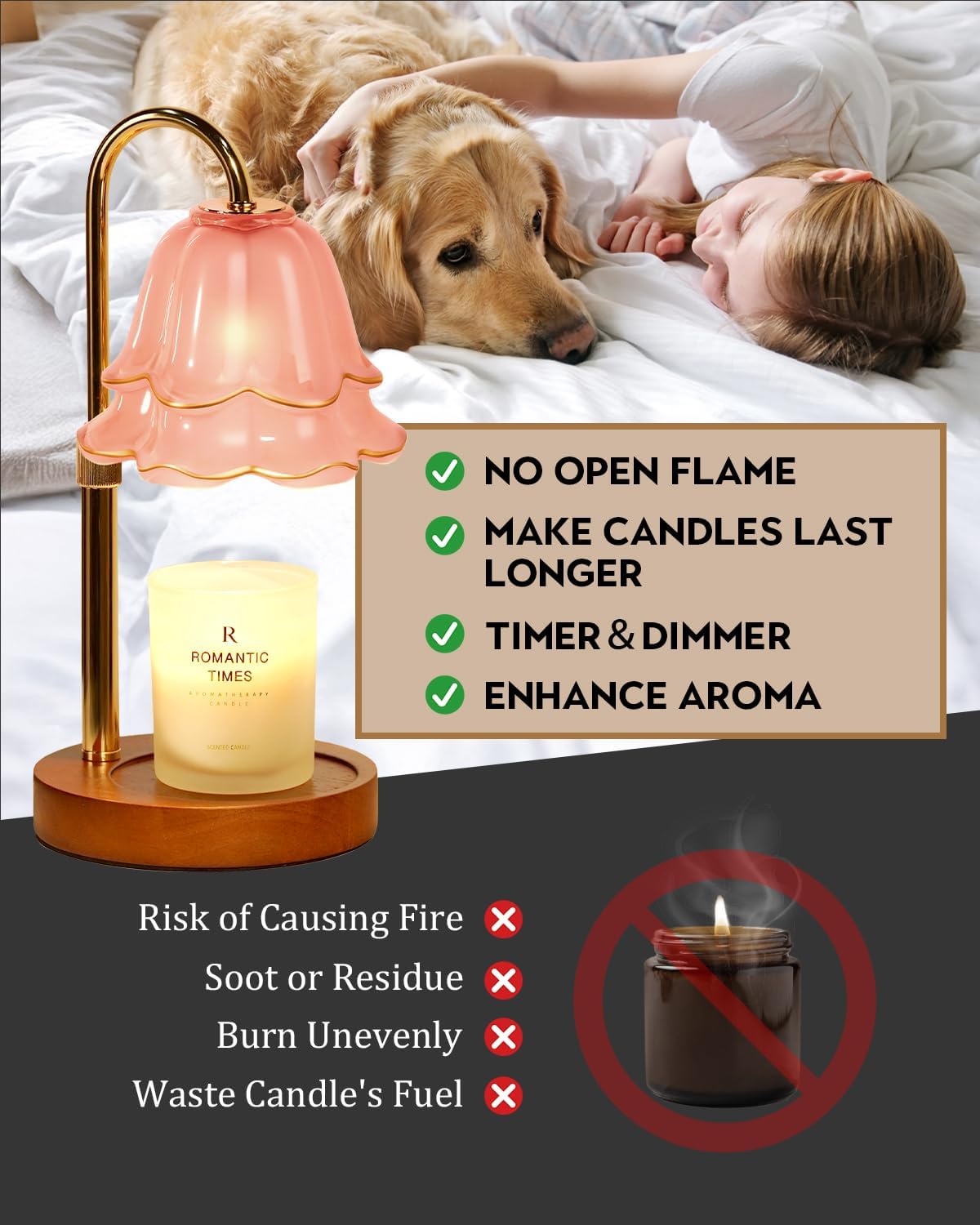 Flower Candle Warmer Lamp with Timer & Dimmer, Adjustable Height Candle Warmer, Gifts for Women Mom Birthday Christmas, House Warming New Home Bedroom Decor, Wax Warmer with 2 Bulbs for Jar Candles