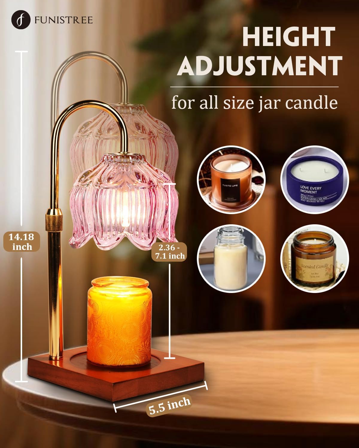 Flower Candle Warmer Lamp with Timer & Dimmer, Adjustable Height Candle Warmer, Gifts for Women Mom Birthday Christmas, House Warming New Home Bedroom Decor, Wax Warmer with 2 Bulbs for Jar Candles