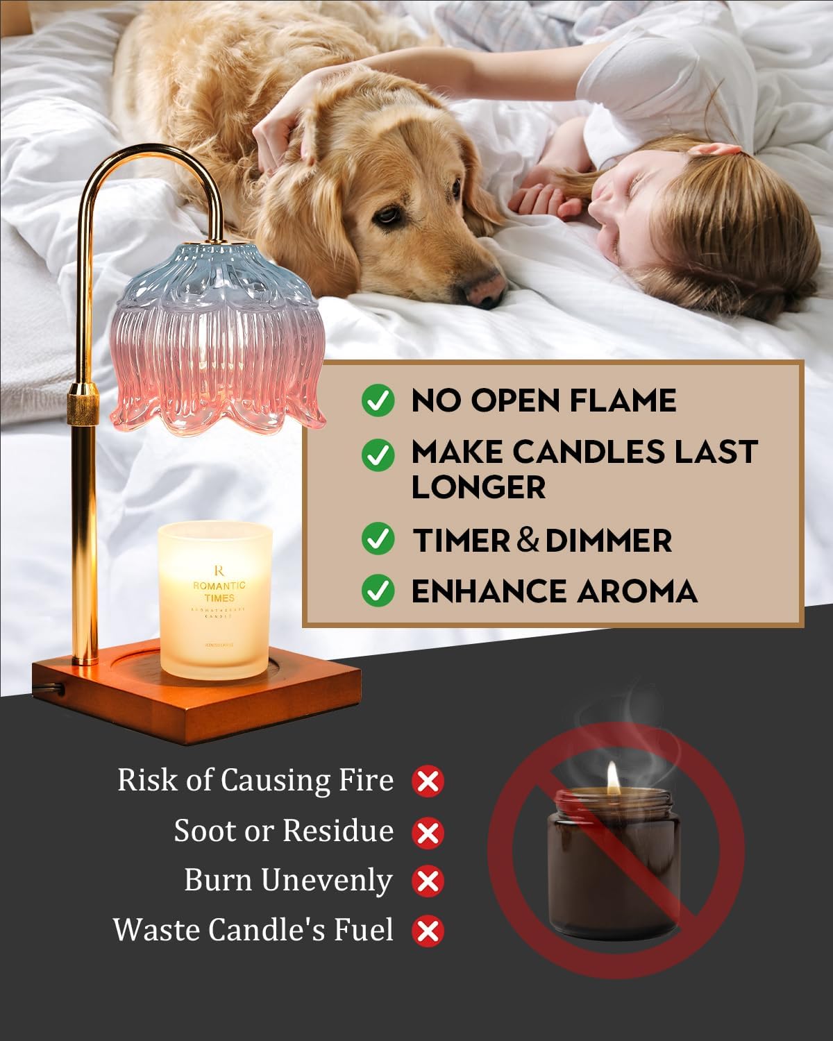Flower Candle Warmer Lamp with Timer & Dimmer, Adjustable Height Candle Warmer, Gifts for Women Mom Birthday Christmas, House Warming New Home Bedroom Decor, Wax Warmer with 2 Bulbs for Jar Candles