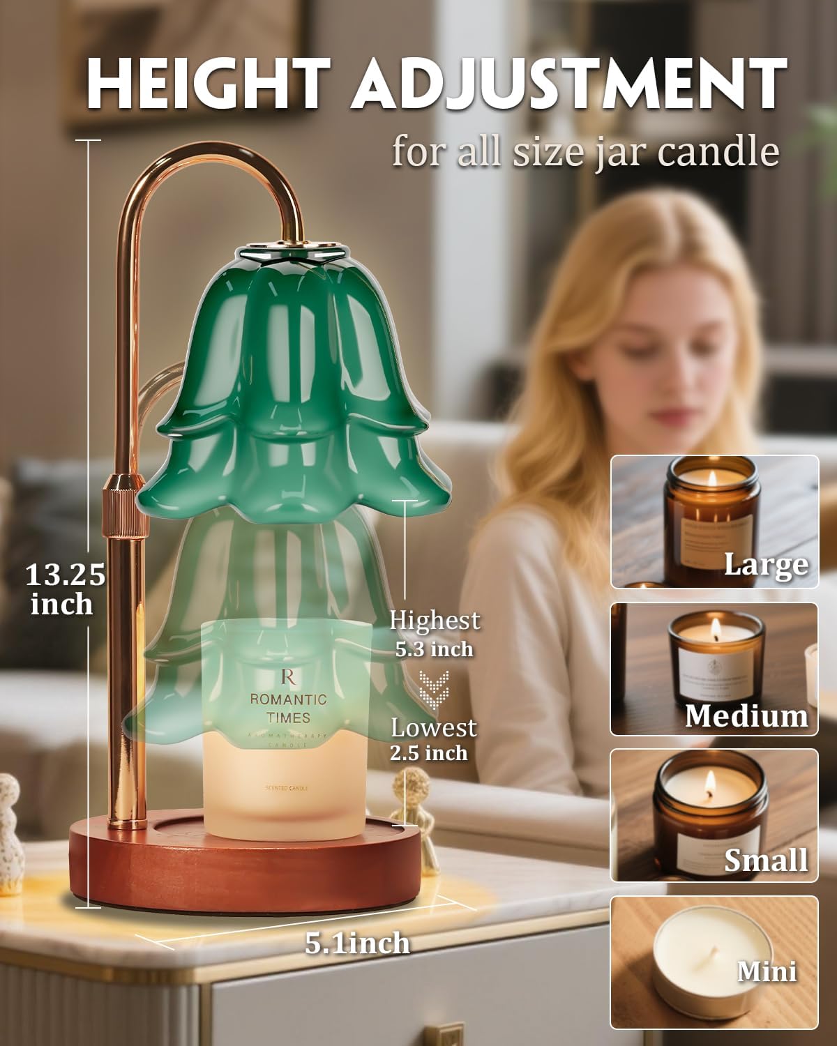 Flower Candle Warmer Lamp with Timer & Dimmer, Adjustable Height Candle Warmer, Gifts for Women Mom Birthday Christmas, House Warming New Home Bedroom Decor, Wax Warmer with 2 Bulbs for Jar Candles