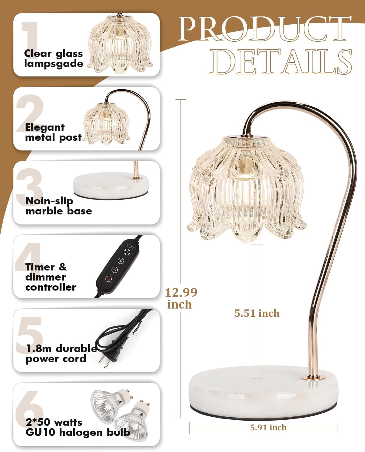 Flower Candle Warmer Lamp with Timer & Dimmer, Adjustable Height Candle Warmer, Gifts for Women Mom Birthday Christmas, House Warming New Home Bedroom Decor, Wax Warmer with 2 Bulbs for Jar Candles