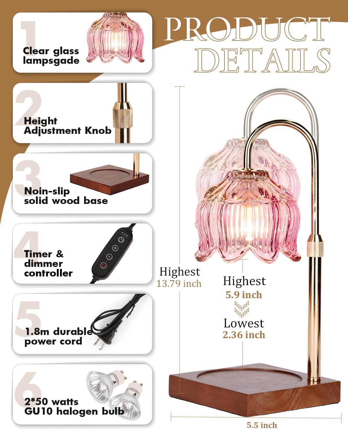 Flower Candle Warmer Lamp with Timer & Dimmer, Adjustable Height Candle Warmer, Gifts for Women Mom Birthday Christmas, House Warming New Home Bedroom Decor, Wax Warmer with 2 Bulbs for Jar Candles