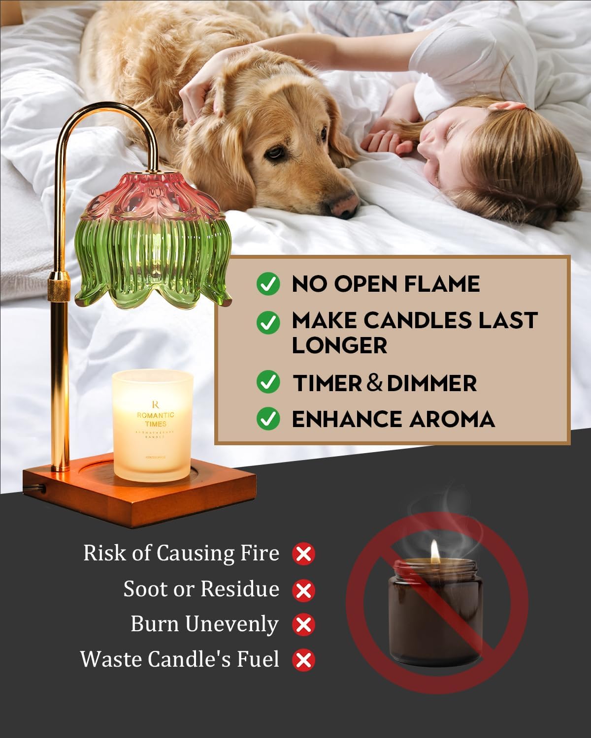 Flower Candle Warmer Lamp with Timer & Dimmer, Adjustable Height Candle Warmer, Gifts for Women Mom Birthday Christmas, House Warming New Home Bedroom Decor, Wax Warmer with 2 Bulbs for Jar Candles