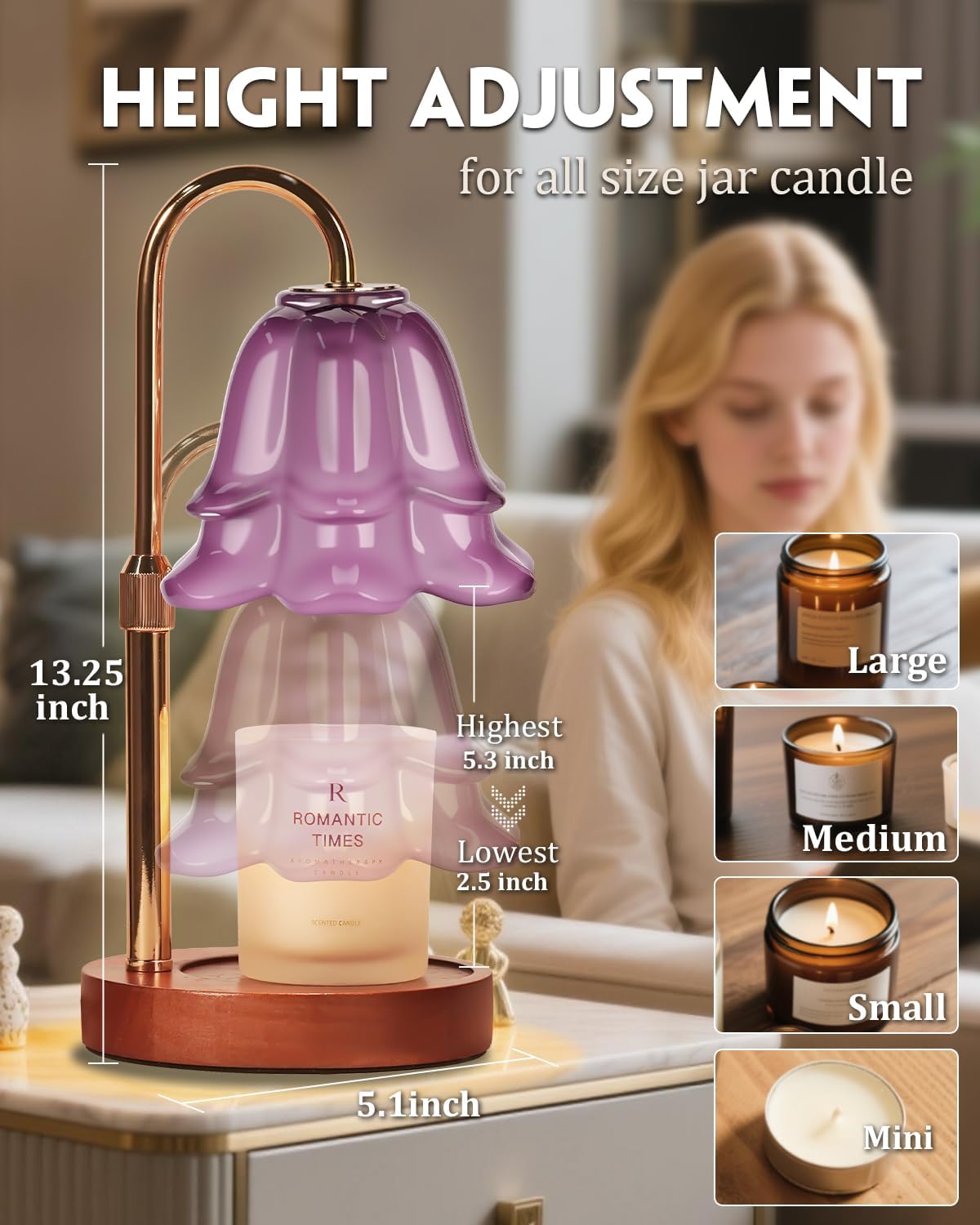 Flower Candle Warmer Lamp with Timer & Dimmer, Adjustable Height Candle Warmer, Gifts for Women Mom Birthday Christmas, House Warming New Home Bedroom Decor, Wax Warmer with 2 Bulbs for Jar Candles