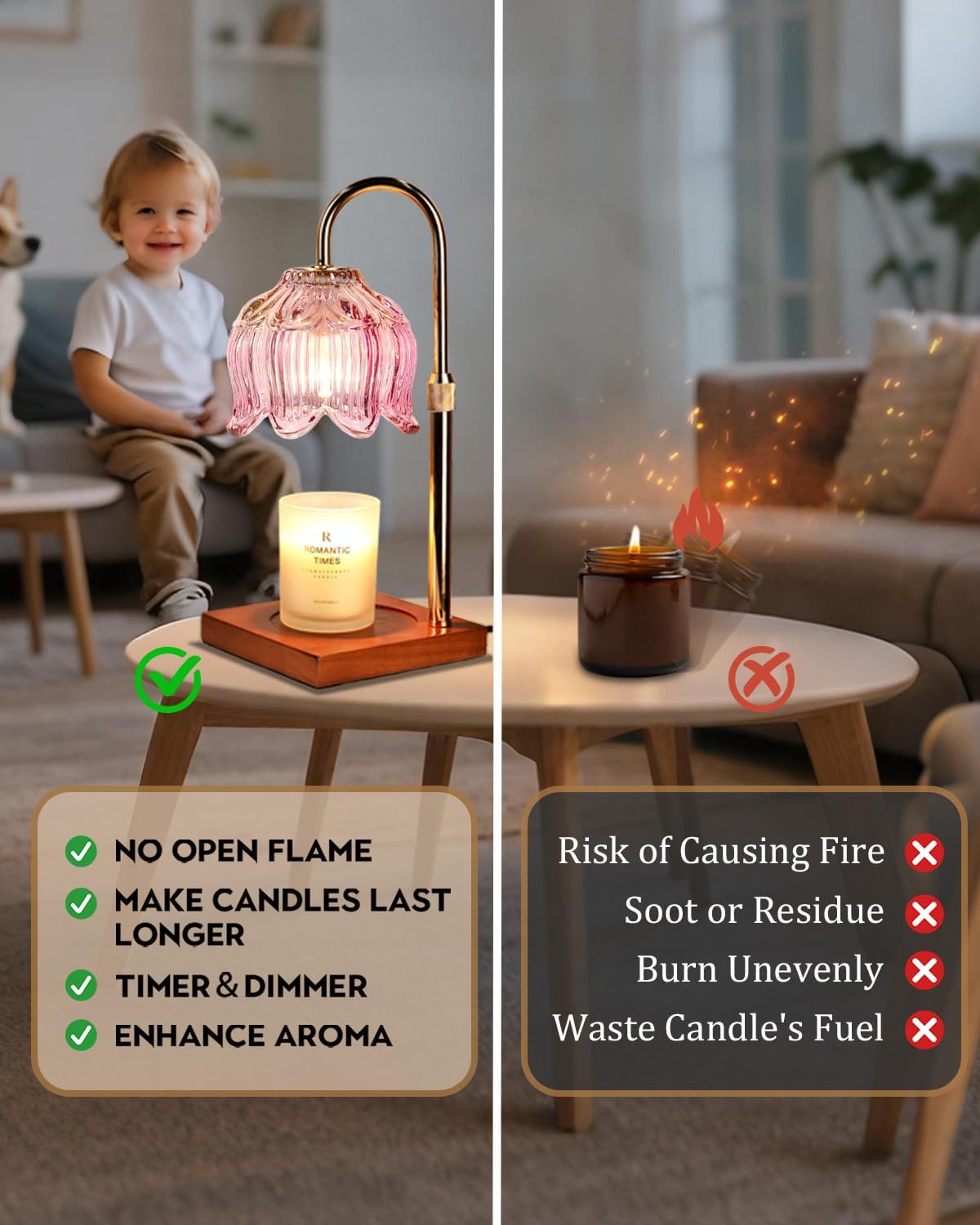 Flower Candle Warmer Lamp with Timer & Dimmer, Adjustable Height Candle Warmer, Gifts for Women Mom Birthday Christmas, House Warming New Home Bedroom Decor, Wax Warmer with 2 Bulbs for Jar Candles