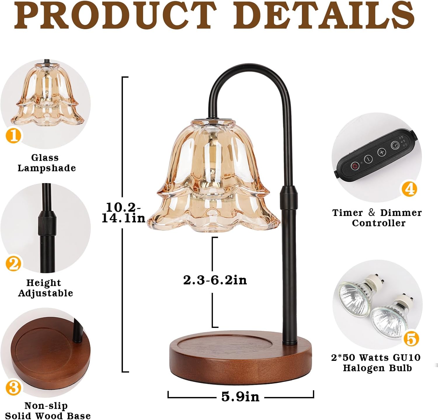 Flower Candle Warmer Lamp with Timer & Dimmer, Adjustable Height Candle Warmer, Gifts for Women Mom Birthday Christmas, House Warming New Home Bedroom Decor, Wax Warmer with 2 Bulbs for Jar Candles