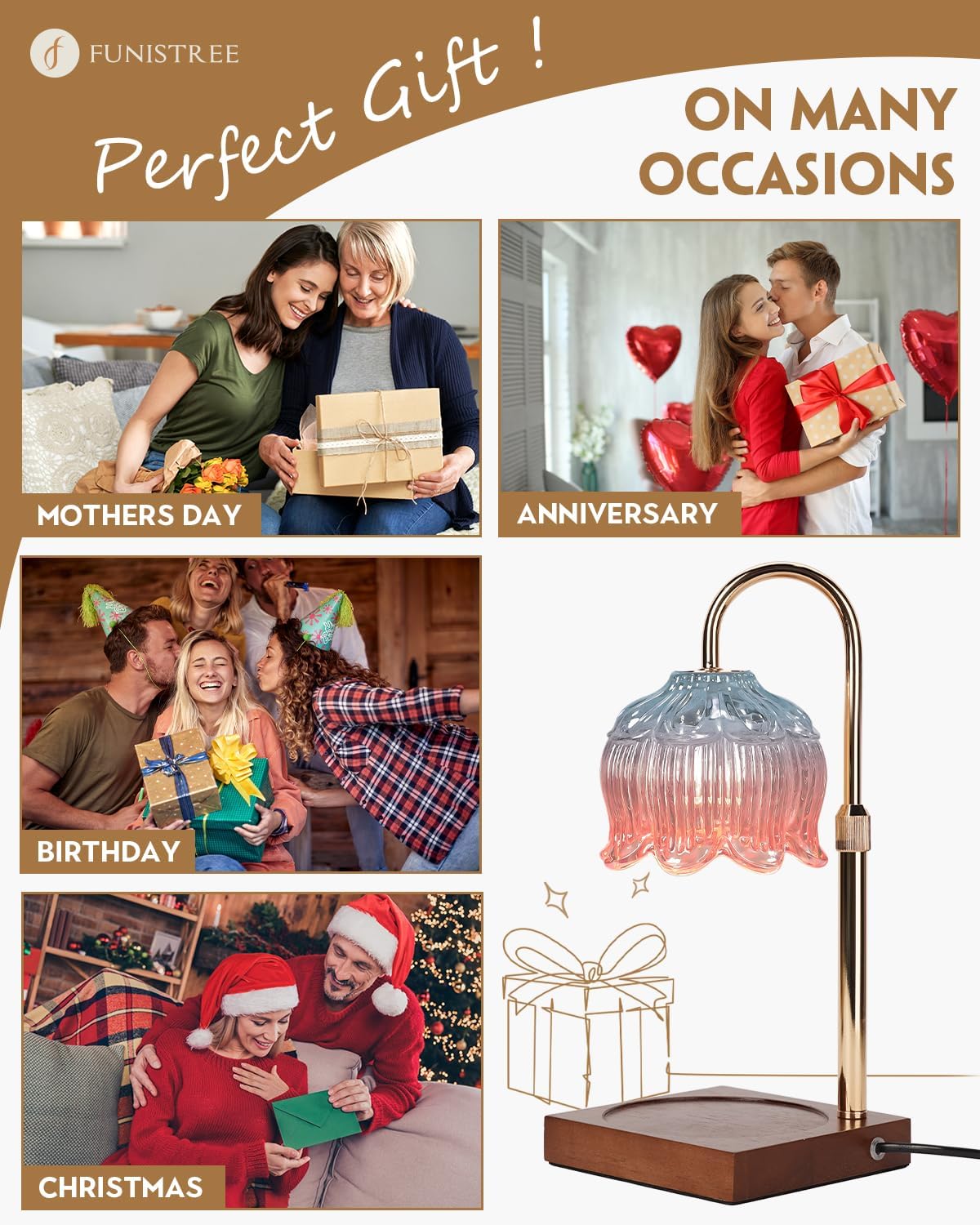 Flower Candle Warmer Lamp with Timer & Dimmer, Adjustable Height Candle Warmer, Gifts for Women Mom Birthday Christmas, House Warming New Home Bedroom Decor, Wax Warmer with 2 Bulbs for Jar Candles