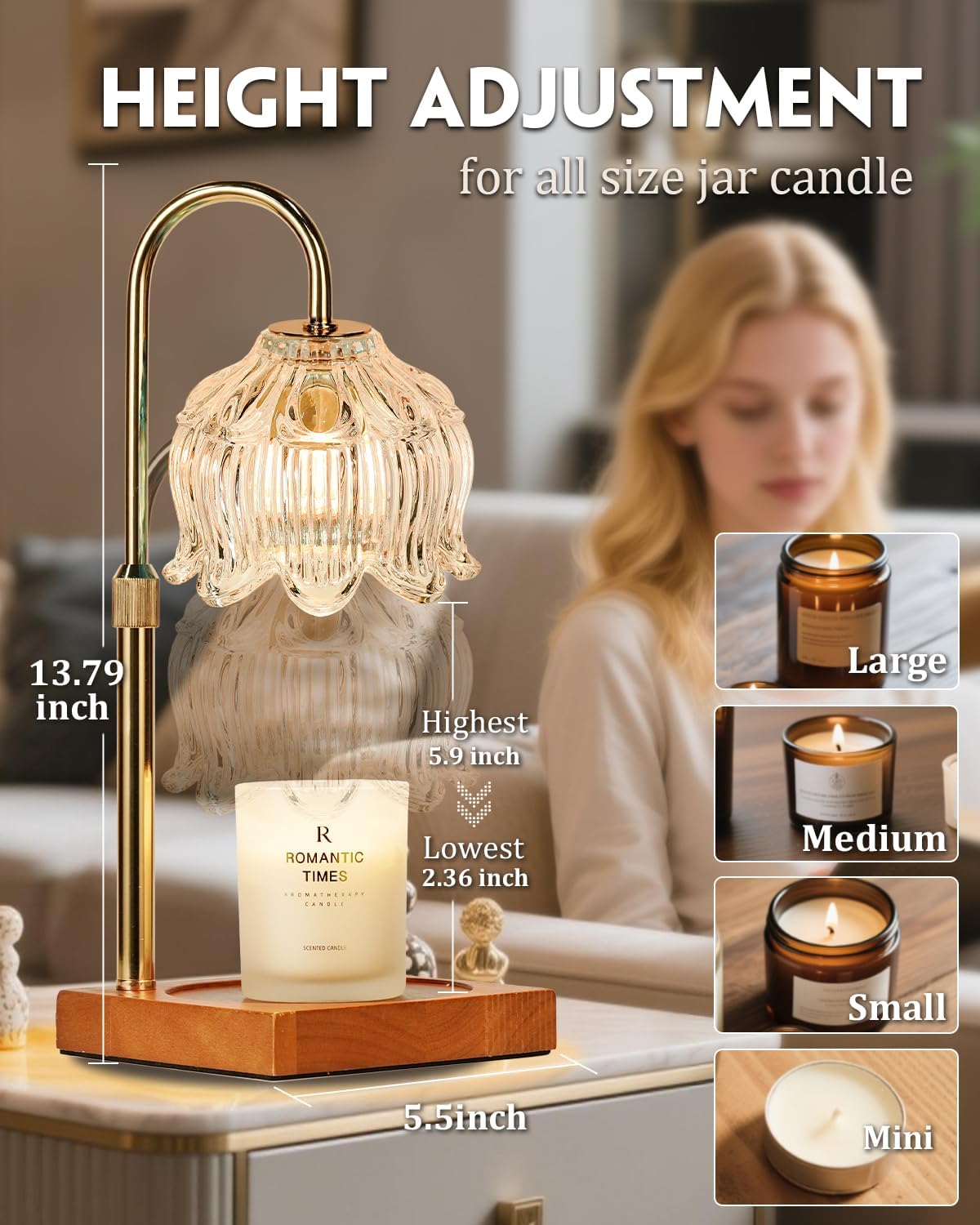 Flower Candle Warmer Lamp with Timer & Dimmer, Adjustable Height Candle Warmer, Gifts for Women Mom Birthday Christmas, House Warming New Home Bedroom Decor, Wax Warmer with 2 Bulbs for Jar Candles