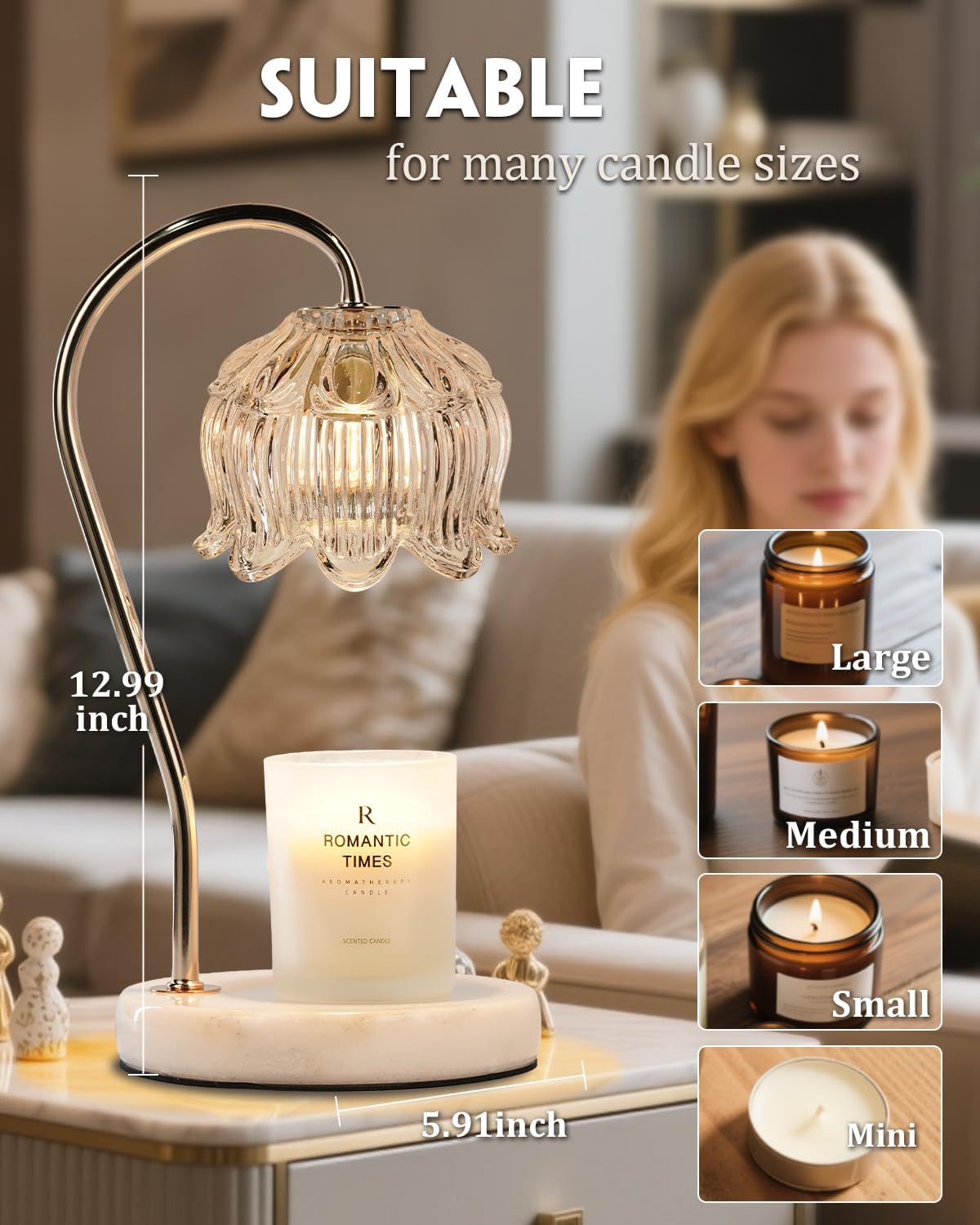 Flower Candle Warmer Lamp with Timer & Dimmer, Adjustable Height Candle Warmer, Gifts for Women Mom Birthday Christmas, House Warming New Home Bedroom Decor, Wax Warmer with 2 Bulbs for Jar Candles