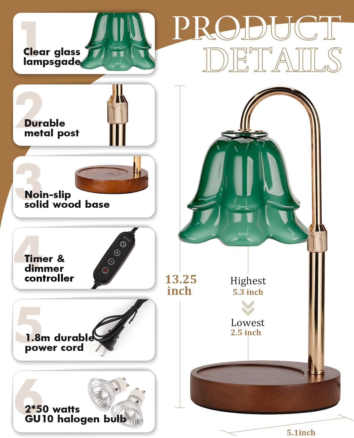 Flower Candle Warmer Lamp with Timer & Dimmer, Adjustable Height Candle Warmer, Gifts for Women Mom Birthday Christmas, House Warming New Home Bedroom Decor, Wax Warmer with 2 Bulbs for Jar Candles