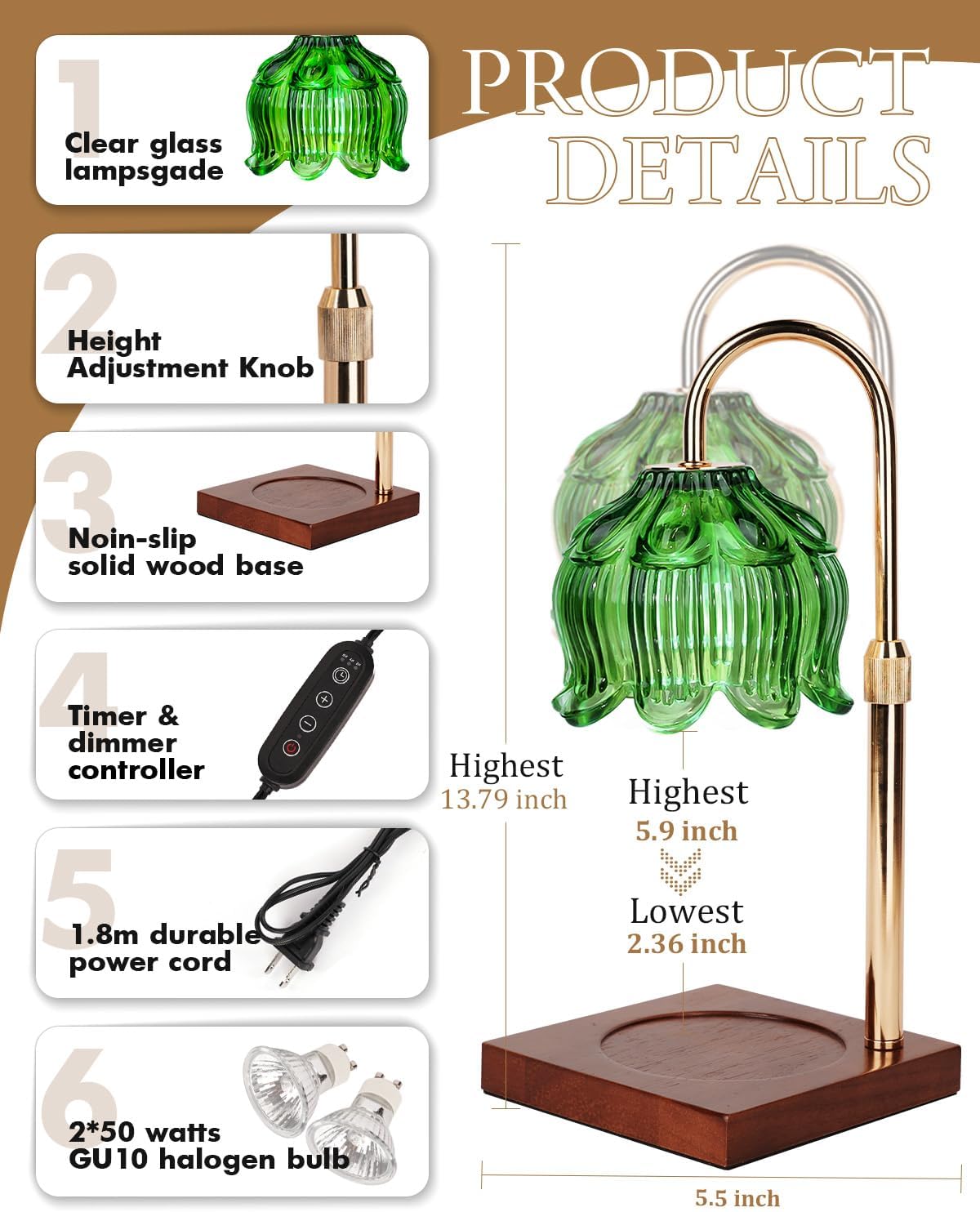 Flower Candle Warmer Lamp with Timer & Dimmer, Adjustable Height Candle Warmer, Gifts for Women Mom Birthday Christmas, House Warming New Home Bedroom Decor, Wax Warmer with 2 Bulbs for Jar Candles