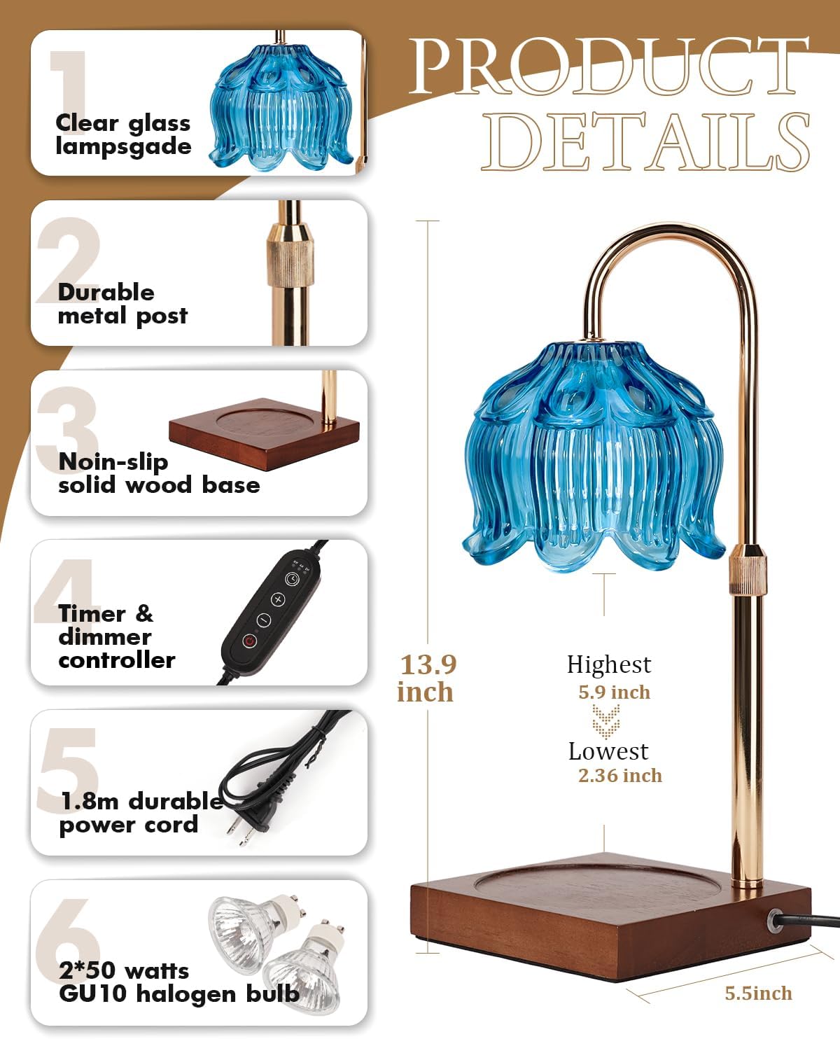 Flower Candle Warmer Lamp with Timer & Dimmer, Adjustable Height Candle Warmer, Gifts for Women Mom Birthday Christmas, House Warming New Home Bedroom Decor, Wax Warmer with 2 Bulbs for Jar Candles