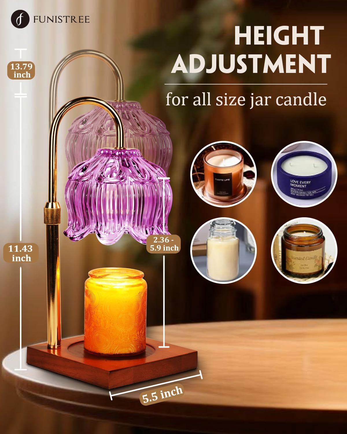 Flower Candle Warmer Lamp with Timer & Dimmer, Adjustable Height Candle Warmer, Gifts for Women Mom Birthday Christmas, House Warming New Home Bedroom Decor, Wax Warmer with 2 Bulbs for Jar Candles
