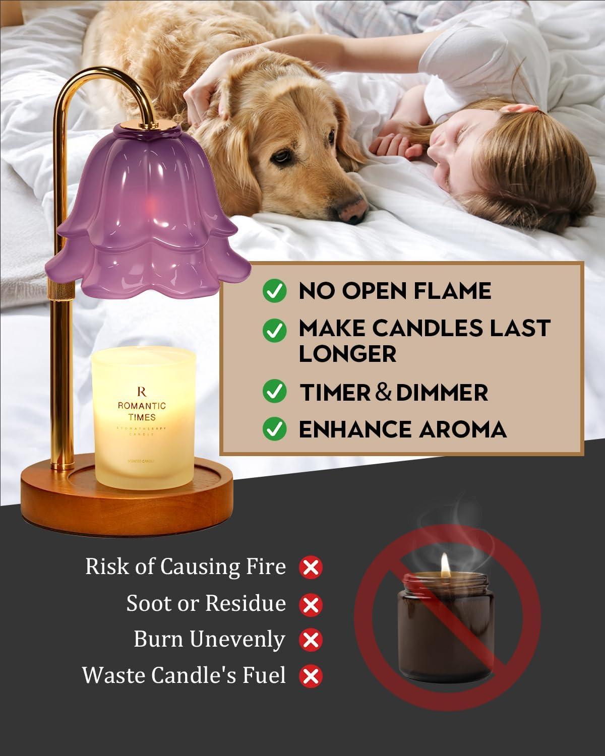 Flower Candle Warmer Lamp with Timer & Dimmer, Adjustable Height Candle Warmer, Gifts for Women Mom Birthday Christmas, House Warming New Home Bedroom Decor, Wax Warmer with 2 Bulbs for Jar Candles