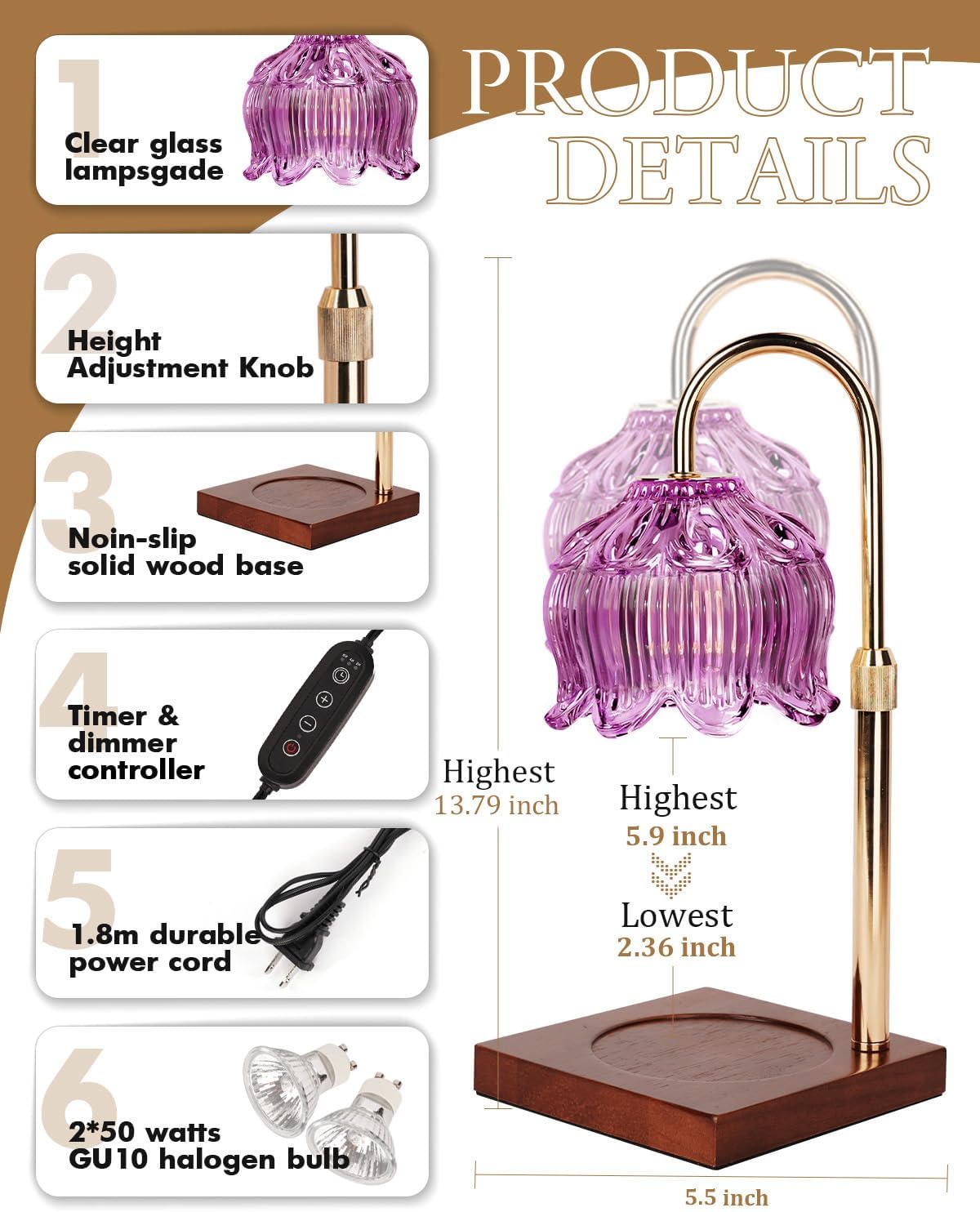 Flower Candle Warmer Lamp with Timer & Dimmer, Adjustable Height Candle Warmer, Gifts for Women Mom Birthday Christmas, House Warming New Home Bedroom Decor, Wax Warmer with 2 Bulbs for Jar Candles