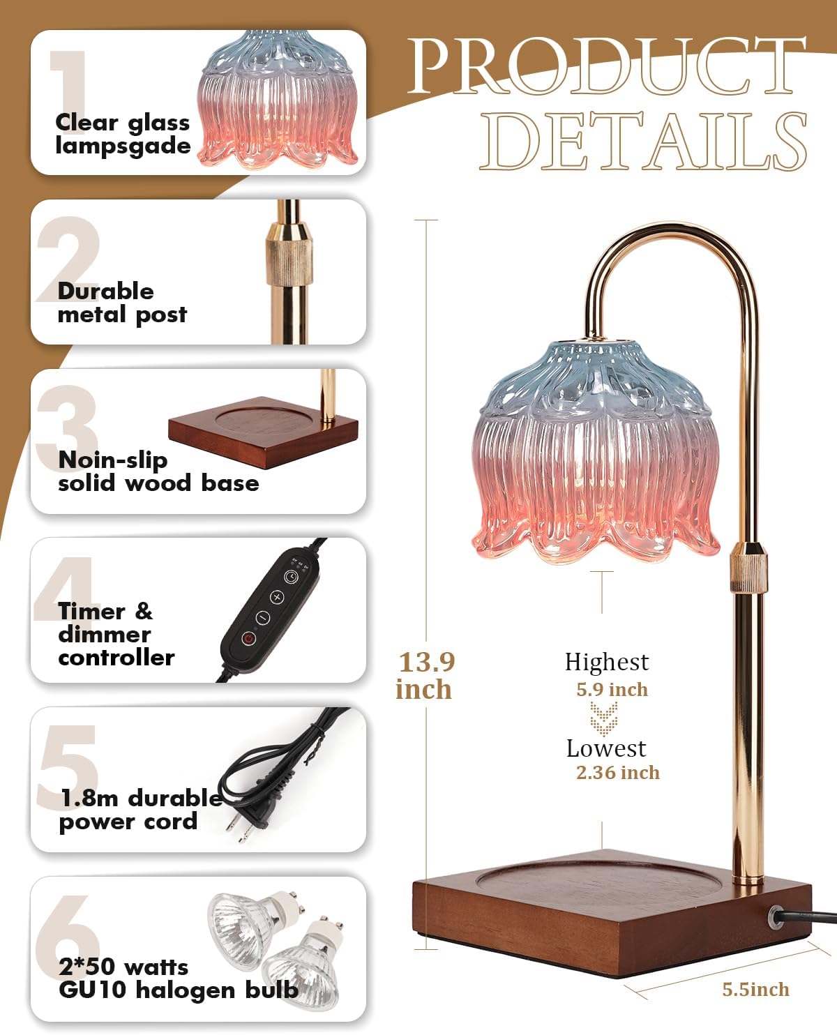 Flower Candle Warmer Lamp with Timer & Dimmer, Adjustable Height Candle Warmer, Gifts for Women Mom Birthday Christmas, House Warming New Home Bedroom Decor, Wax Warmer with 2 Bulbs for Jar Candles