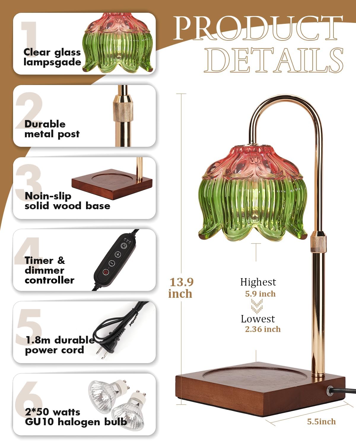 Flower Candle Warmer Lamp with Timer & Dimmer, Adjustable Height Candle Warmer, Gifts for Women Mom Birthday Christmas, House Warming New Home Bedroom Decor, Wax Warmer with 2 Bulbs for Jar Candles