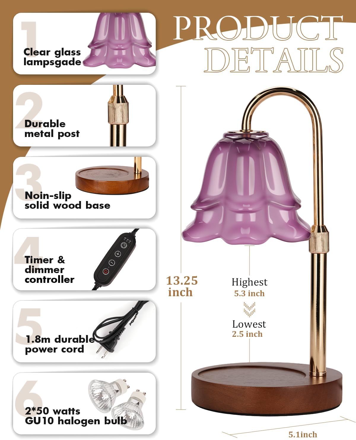 Flower Candle Warmer Lamp with Timer & Dimmer, Adjustable Height Candle Warmer, Gifts for Women Mom Birthday Christmas, House Warming New Home Bedroom Decor, Wax Warmer with 2 Bulbs for Jar Candles