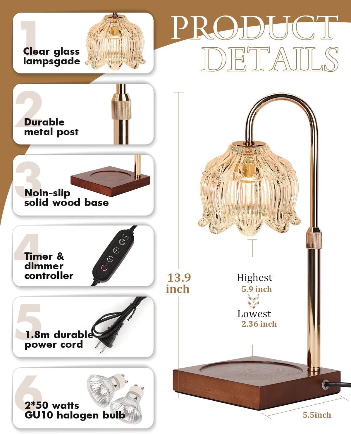 Flower Candle Warmer Lamp with Timer & Dimmer, Adjustable Height Candle Warmer, Gifts for Women Mom Birthday Christmas, House Warming New Home Bedroom Decor, Wax Warmer with 2 Bulbs for Jar Candles