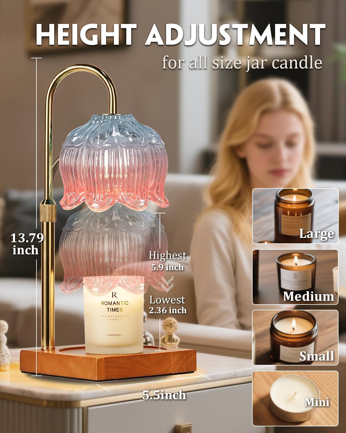 Flower Candle Warmer Lamp with Timer & Dimmer, Adjustable Height Candle Warmer, Gifts for Women Mom Birthday Christmas, House Warming New Home Bedroom Decor, Wax Warmer with 2 Bulbs for Jar Candles