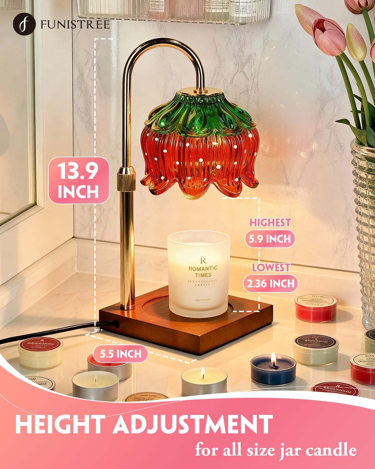 Flower Candle Warmer Lamp with Timer & Dimmer, Adjustable Height Candle Warmer, Gifts for Women Mom Birthday Christmas, House Warming New Home Bedroom Decor, Wax Warmer with 2 Bulbs for Jar Candles