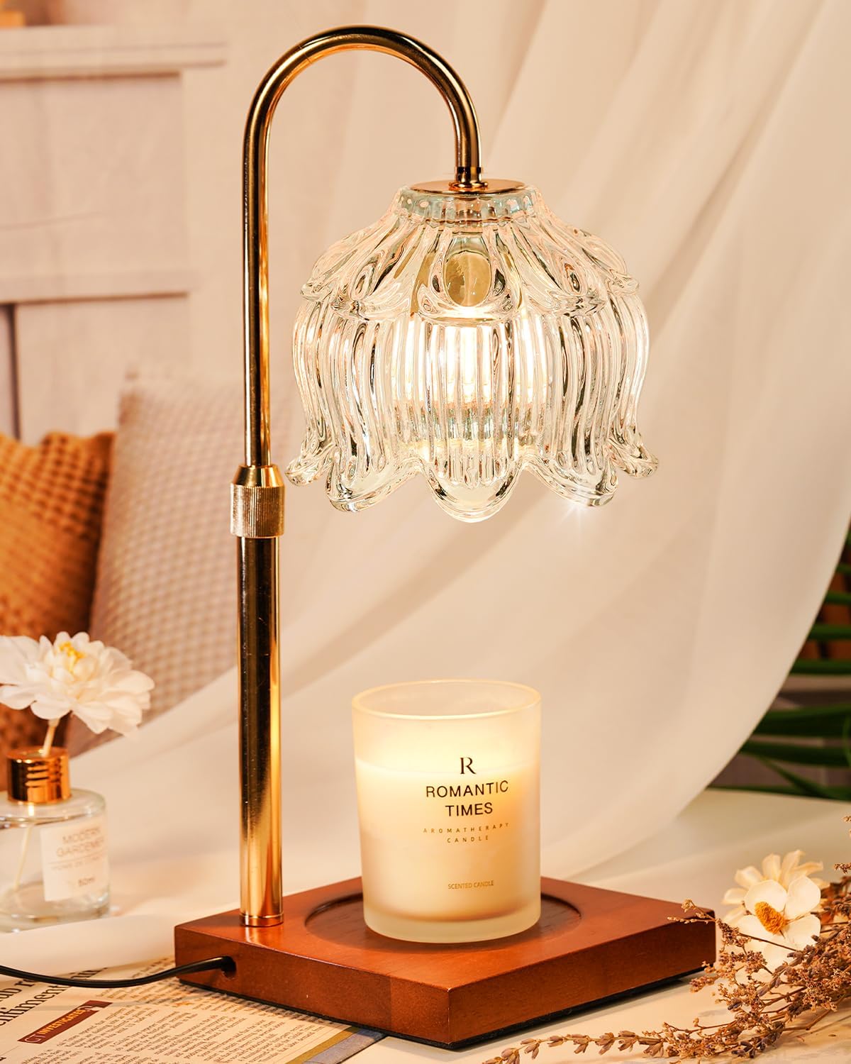 Flower Candle Warmer Lamp with Timer & Dimmer, Adjustable Height Candle Warmer, Gifts for Women Mom Birthday Christmas, House Warming New Home Bedroom Decor, Wax Warmer with 2 Bulbs for Jar Candles