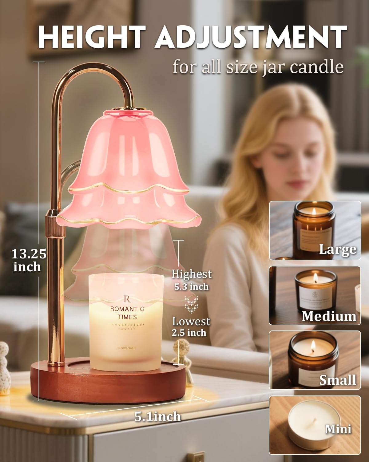 Flower Candle Warmer Lamp with Timer & Dimmer, Adjustable Height Candle Warmer, Gifts for Women Mom Birthday Christmas, House Warming New Home Bedroom Decor, Wax Warmer with 2 Bulbs for Jar Candles