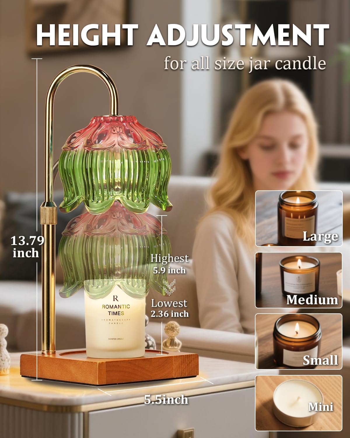 Flower Candle Warmer Lamp with Timer & Dimmer, Adjustable Height Candle Warmer, Gifts for Women Mom Birthday Christmas, House Warming New Home Bedroom Decor, Wax Warmer with 2 Bulbs for Jar Candles