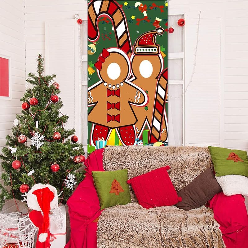 Christmas Party Face in Hole Door Backdrop Funny Photo Booth Prop Banner with Rope Xmas Holiday Photography Decorations Supplies (Gingerbread Man)