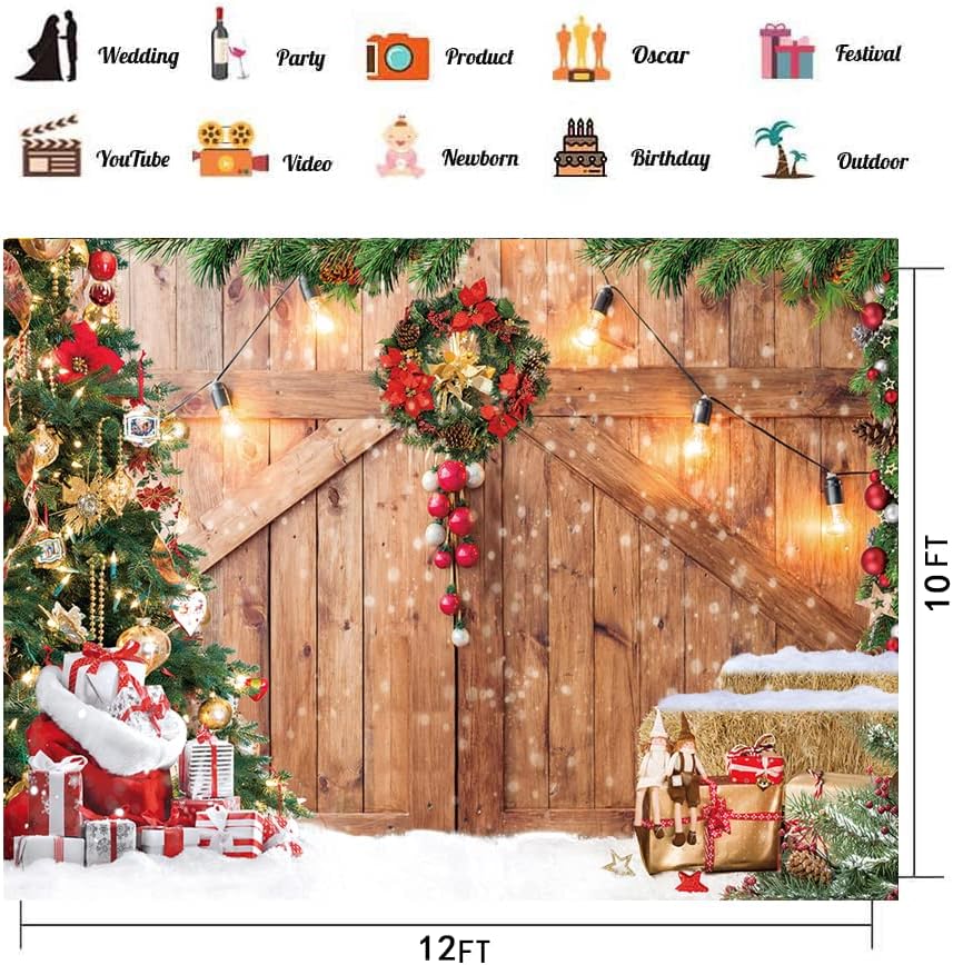 CHAIYA 7x5ft Christmas Backdrop Barn Wood Door Photography Backdrop Xmas Tree Snow Background Winter Xmas Party Supplies Christmas Family Kids Party Banner