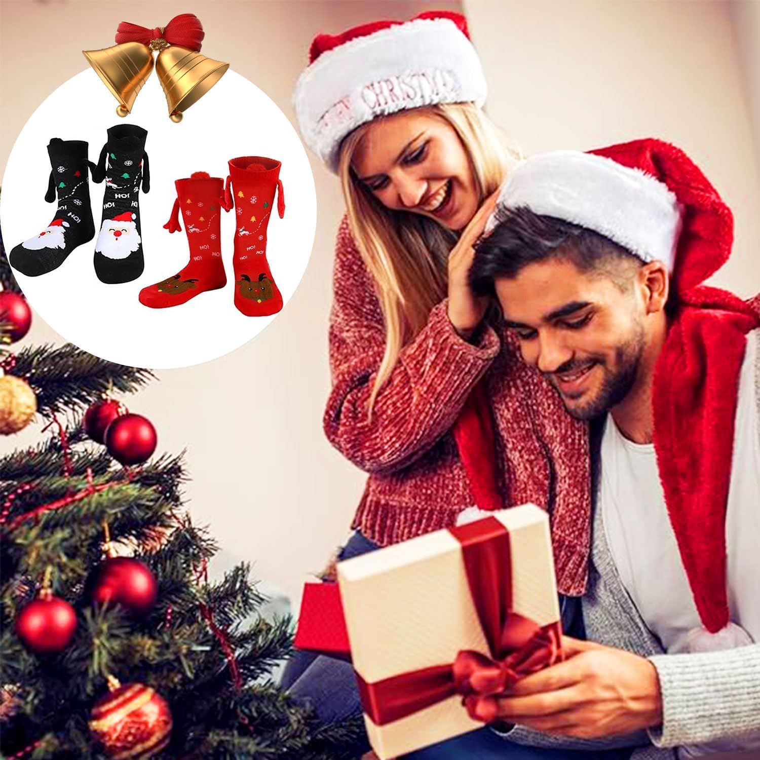 Zurligi 2 Pairs Holding Hands Socks, Funny Magnetic Hand Holding Cute Socks for Men Women, 3D Doll Couple Novelty Birthday for Lovers, Boyfriend, Family