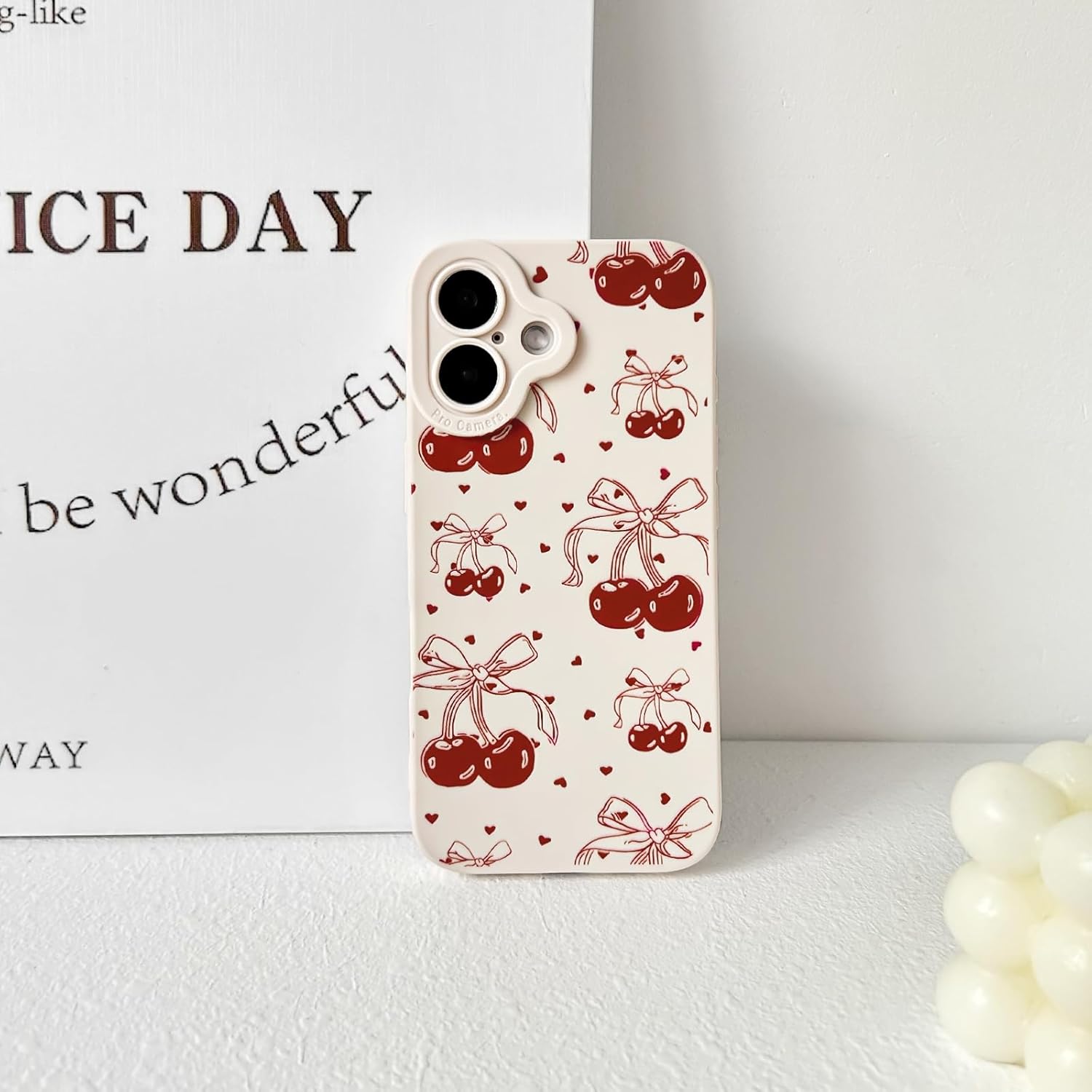 NITITOP Compatible with iPhone 12 Case Cute Cherry Bowknot Little Heart Pattern for Girls Women Soft TPU Durable Full Camera Lens Shockproof Protective Cover - White
