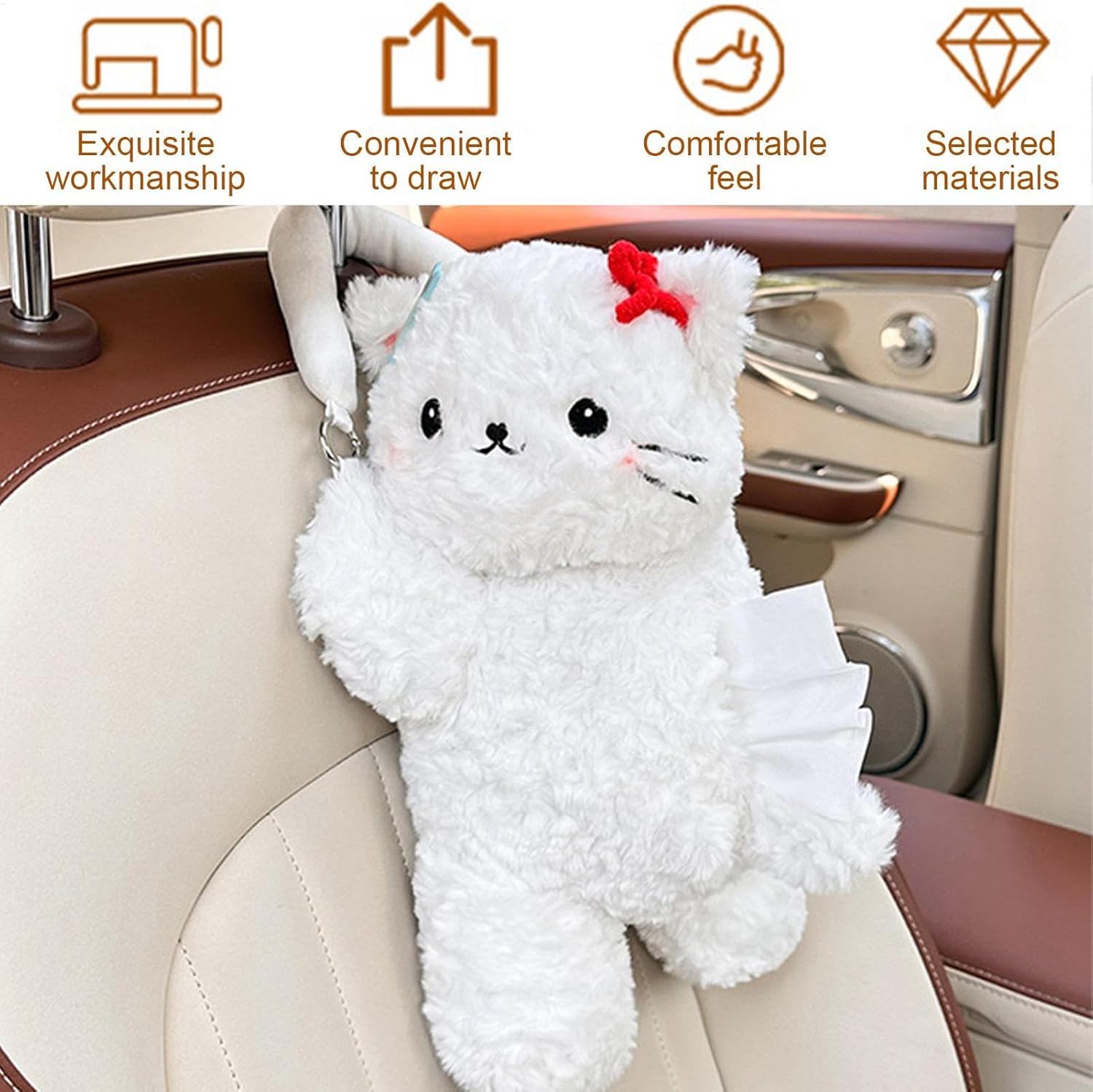 Cute Stuffed Animal Tissue Holder | Cartoon Cat Napkin Box Decorative Tissue Box Cover - Multifunctional Home Decor, Tissue Bag, Paper Storage Holder for Car Seat Back