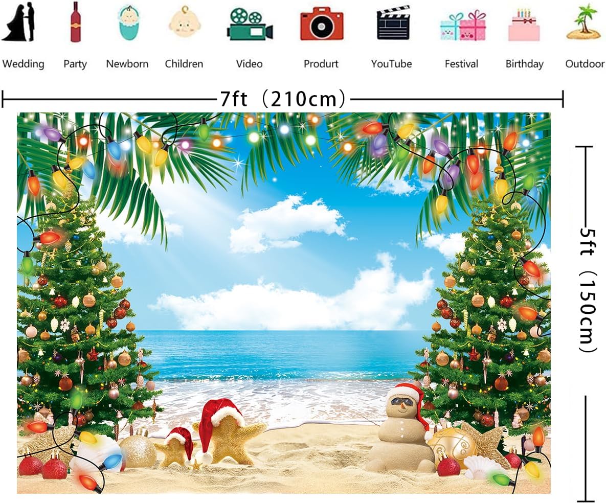 July Christmas Backdrop 7x5FT Summer Beach Christmas Tree Decoration Photography Background Tropical Hawaiian Party Supplies Photo Props