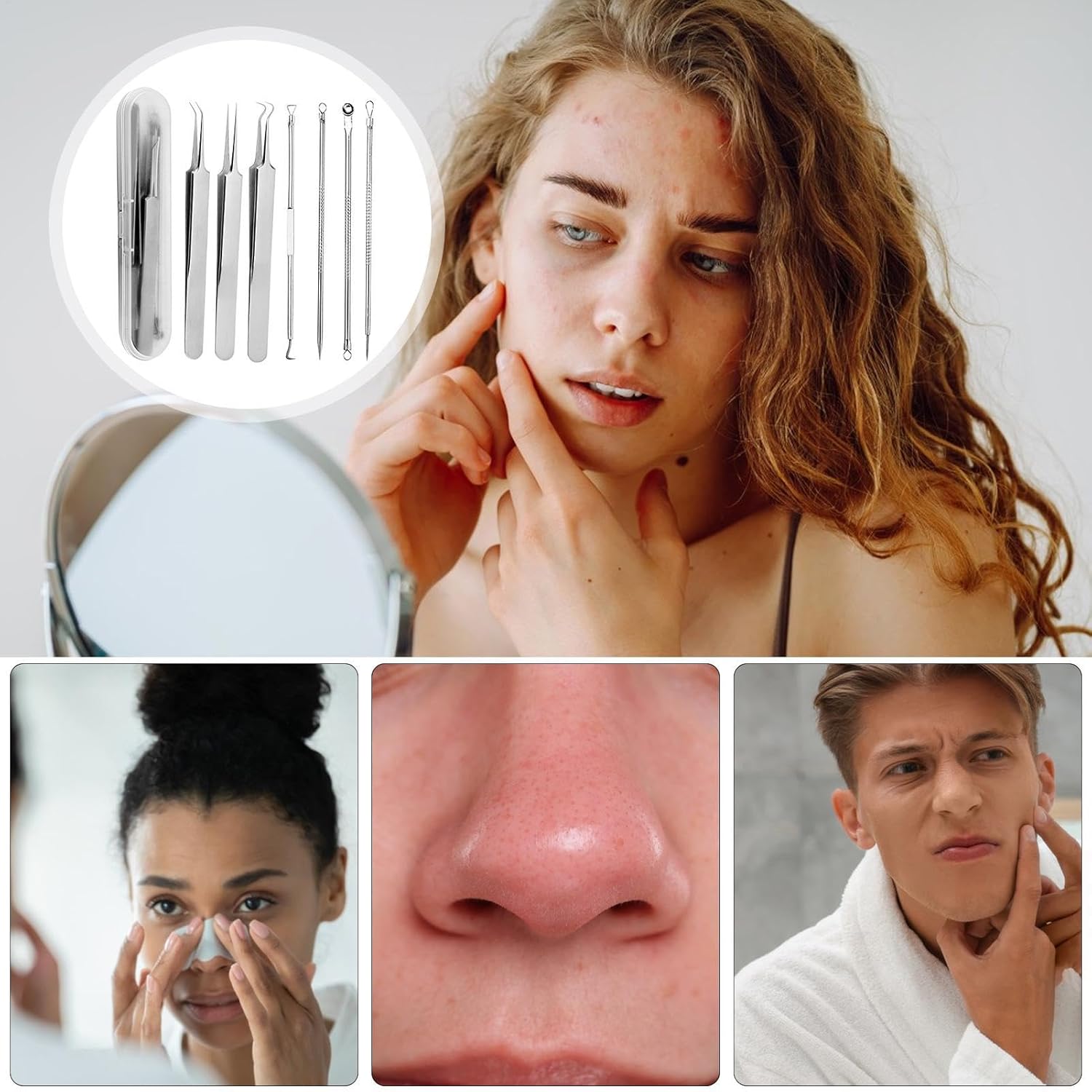 Comedone Remover Kit | 7X Stainless Pimple Popper Tool Kit | Comedone Popping Tweezers Whitehead Picking Tools For Smooth Skin
