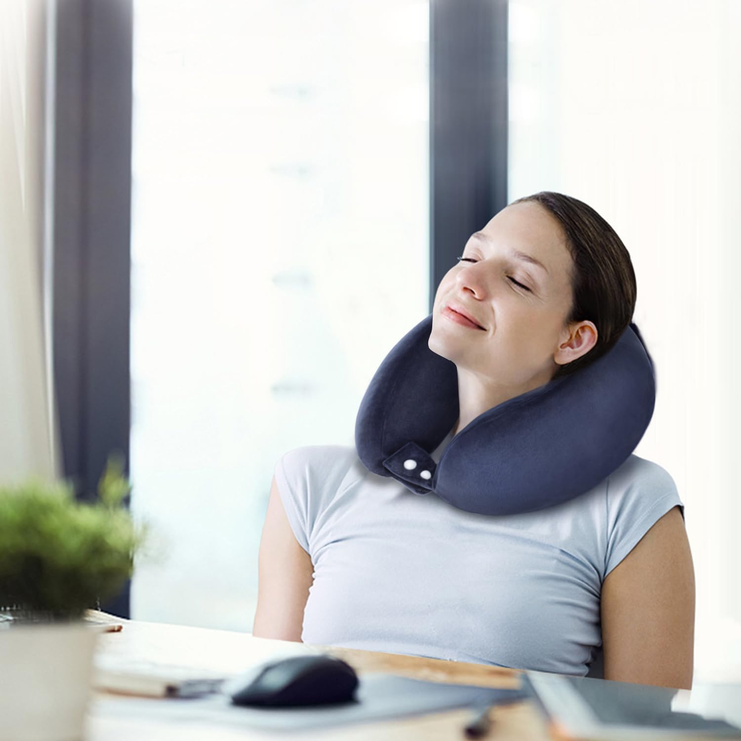Travel Neck Pillows Adjustable U-Shaped Memory Foam Airplane Pillows Support Headrest and Neck Removable Breathable Neck Pillow for Car Office Home Camping Use Purple Color