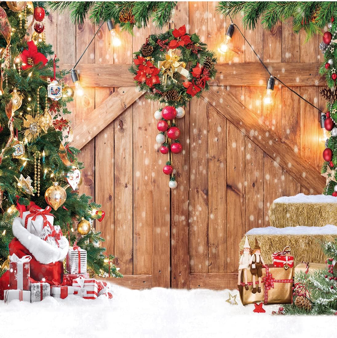 CHAIYA 7x5ft Christmas Backdrop Barn Wood Door Photography Backdrop Xmas Tree Snow Background Winter Xmas Party Supplies Christmas Family Kids Party Banner
