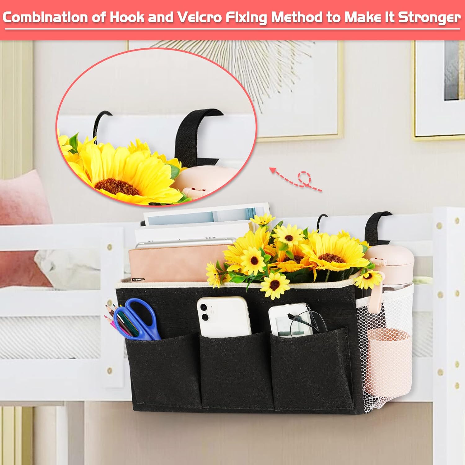 Loghot Bedside Caddy/Bedside Storage Bag Hanging Organizer for Bunk and Hospital Beds,Dorm Rooms Bed Rails,Can be Placed Glasses,Books,Mobile Phones,Keys (Light Pink)