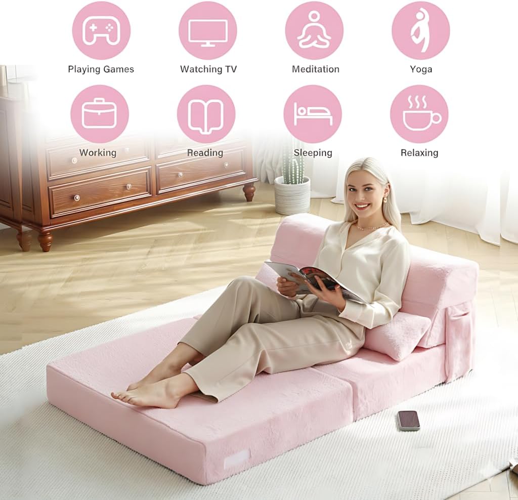 Tiita Folding Sofa Bed with Pillow 200x70x12cm Mattress&Plush Fabric Foldable Sofa Lounge Mat Pad,Floor Lounger Chair Bed for Living Room,Guest Room,Dorm,Apartment,Camping and Travel Use