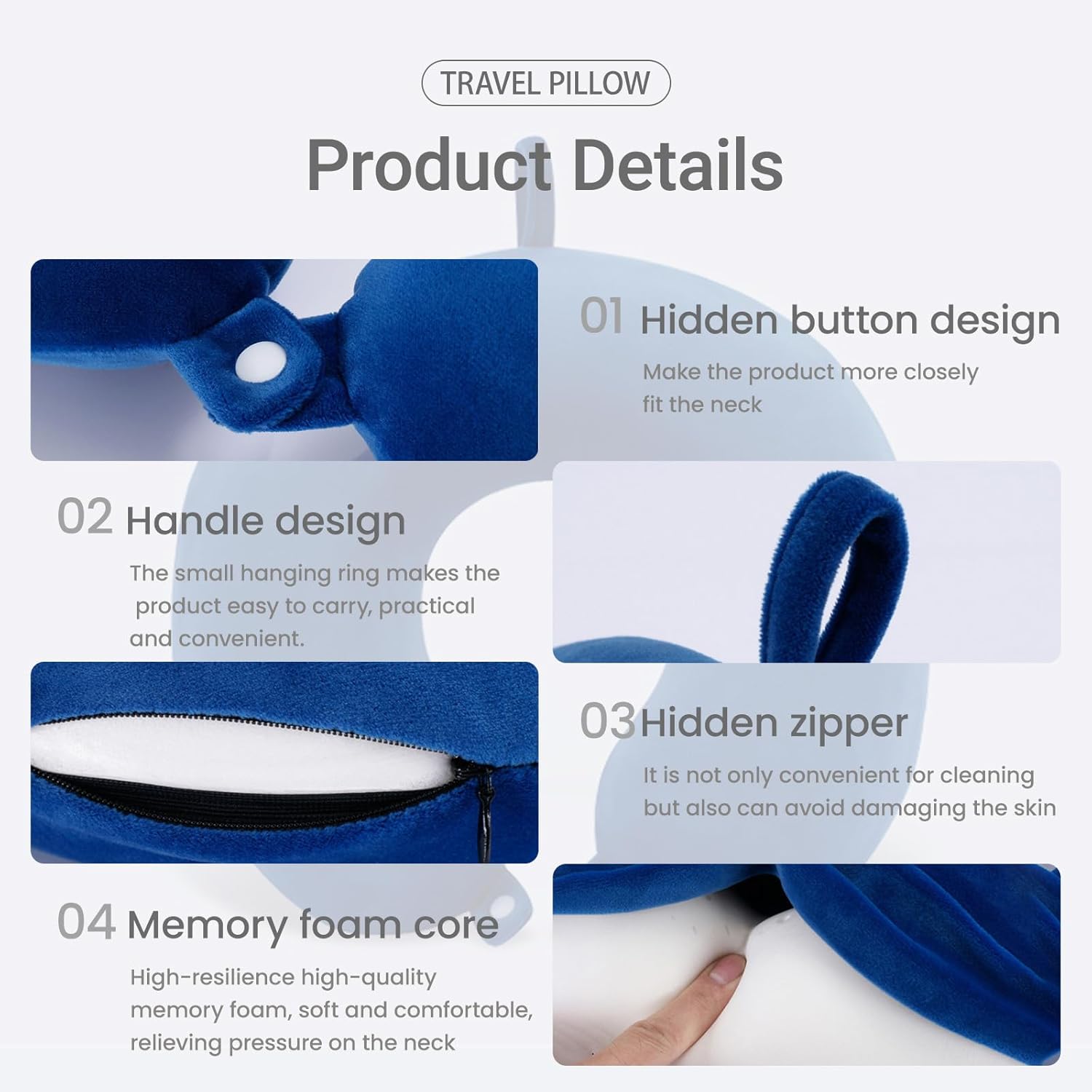 Guoxintech Travel Pillow Pure Memory Foam U Shaped Neck Pillow,Super Lightweight Portable Headrest Great for Airplane Chair, Train or Car Journeys Travel Pillow(Dark Blue)