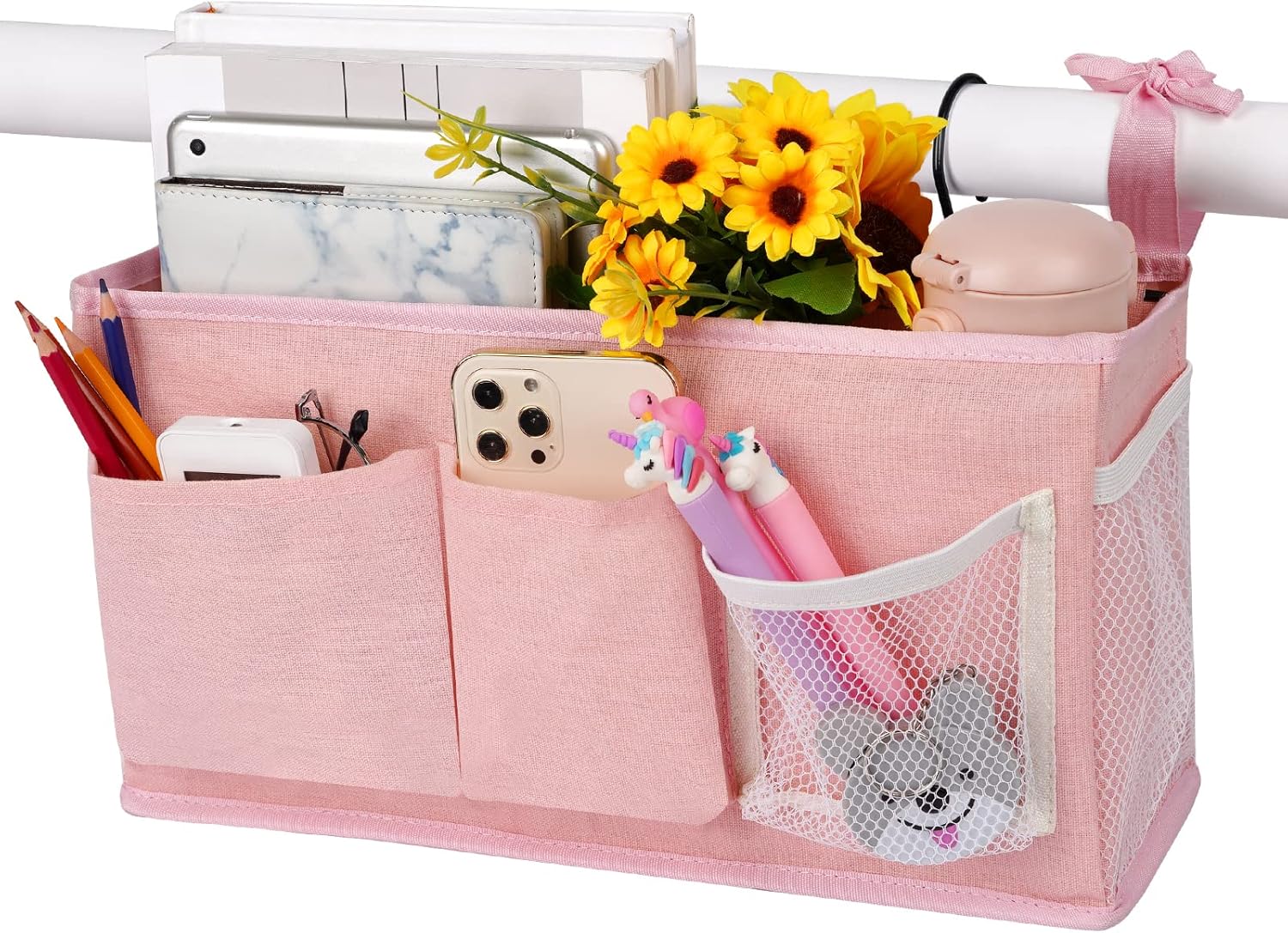 Loghot Bedside Caddy/Bedside Storage Bag Hanging Organizer for Bunk and Hospital Beds,Dorm Rooms Bed Rails,Can be Placed Glasses,Books,Mobile Phones,Keys (Light Pink)
