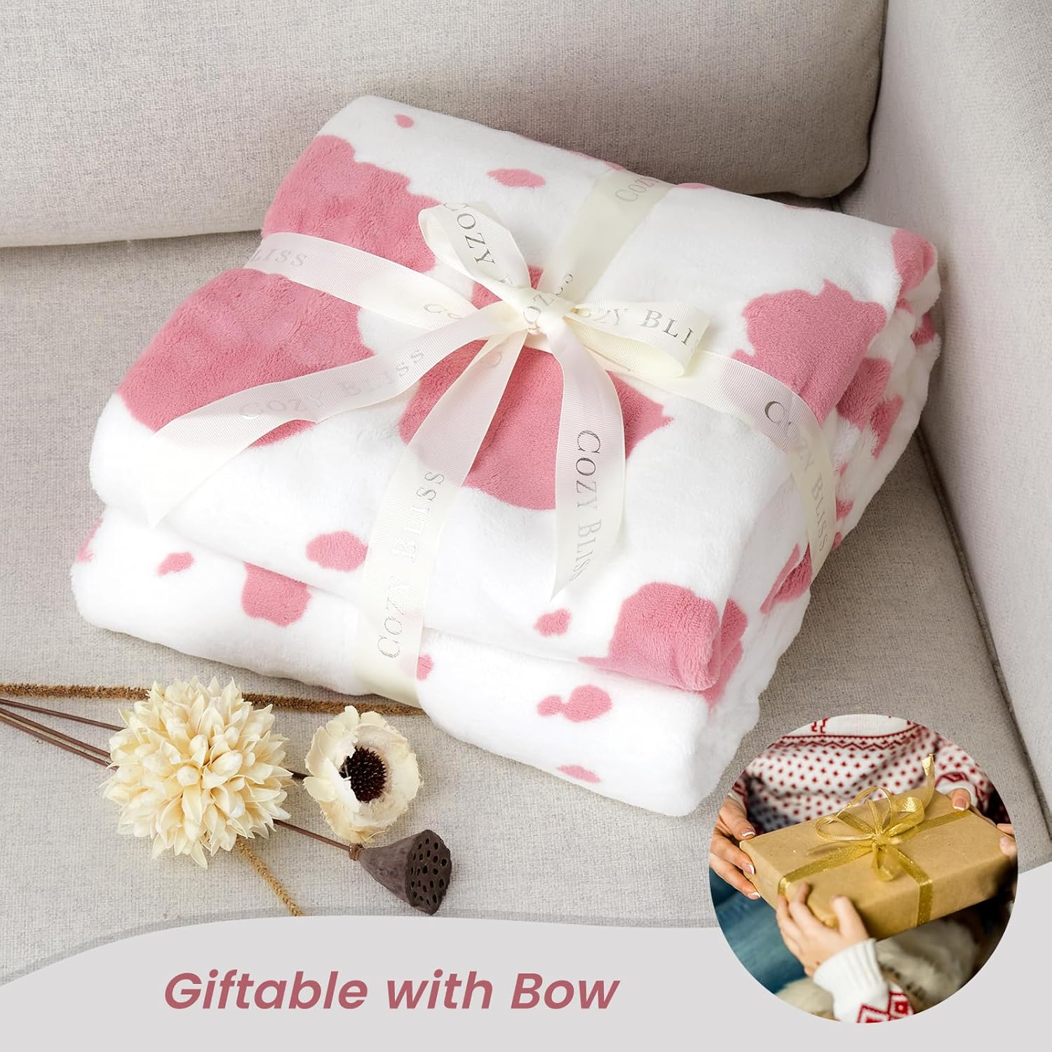 Cozy Bliss Cow Print Fuzzy Throw Blanket for Couch - Thick Soft Warm Non Shedding Fleece Blankets for Western Décor Room, for Kids, Women Men Girls, Teal Blue 50*60