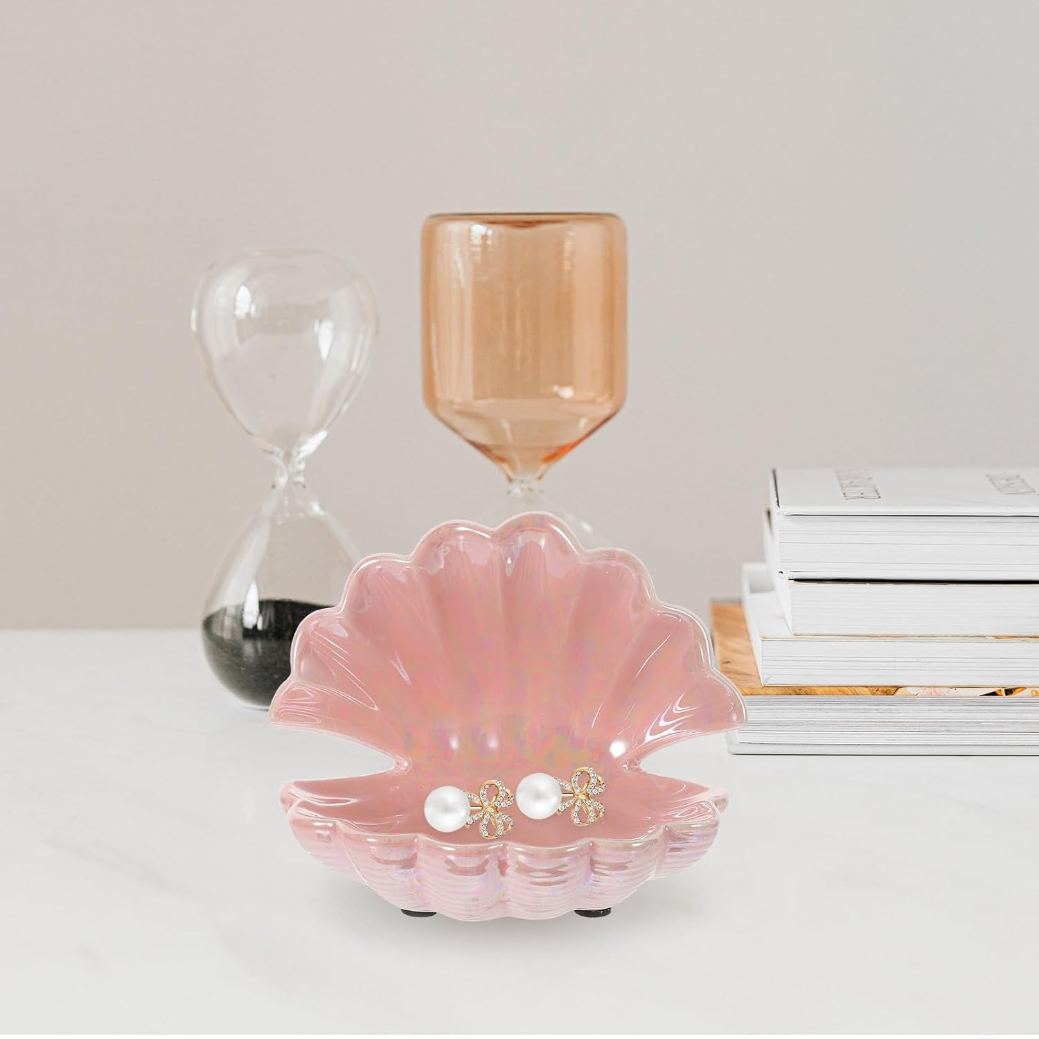 PACKOVE Shell Jewelry Tray - Ceramic Trinket Dish, Ring Holder, Decorative Plate for Organizing Keys and Accessories - Pink