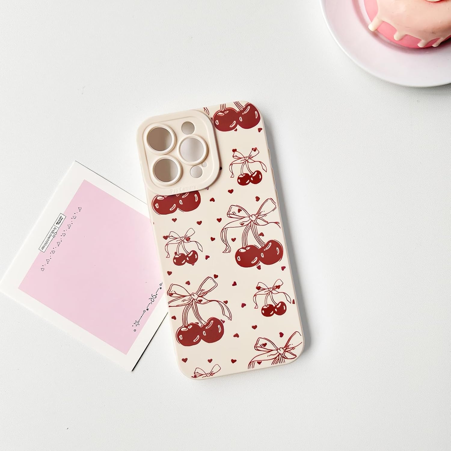 NITITOP Compatible with iPhone 12 Case Cute Cherry Bowknot Little Heart Pattern for Girls Women Soft TPU Durable Full Camera Lens Shockproof Protective Cover - White