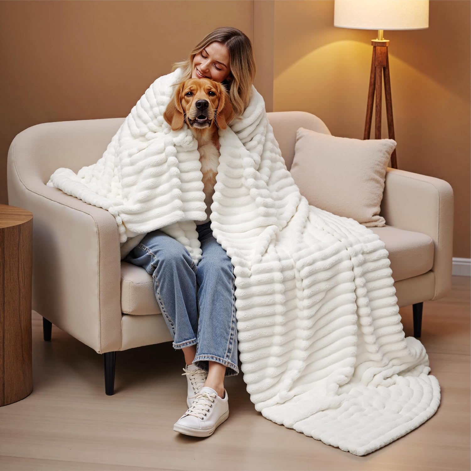 Bedsure Blanket for Couch, Super Cozy Soft Throw Blankets for Women, Cute Small Plush Fleece Throws for Girls, Off White, 50x60 Inches
