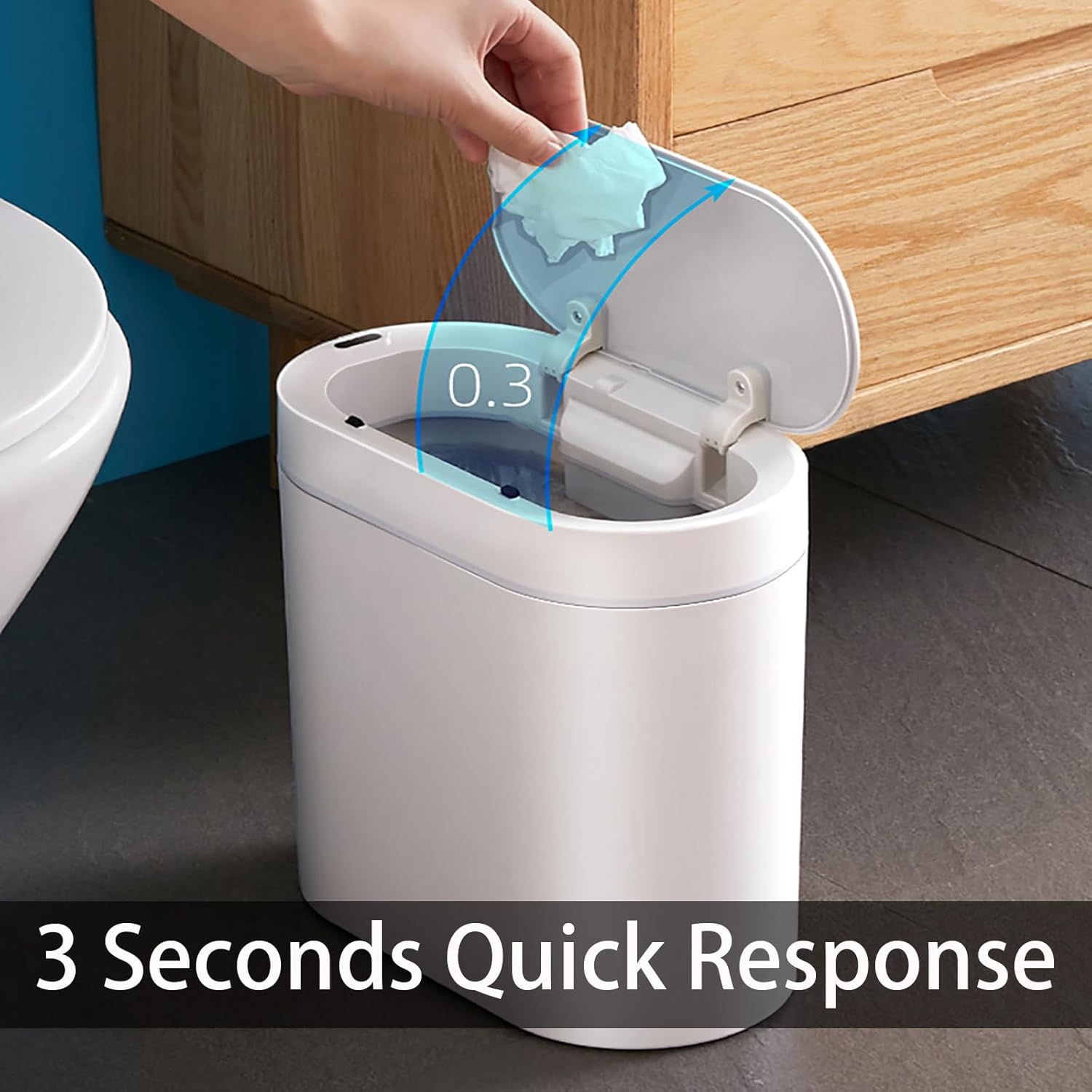 Automatic Trash Bin with Lid, Motion Sensor Garbage Can, 7 Liter Slim Plastic Wastebasket Rubbish Bin for Kitchen, Living Room, Bedroom, Office, White(No Battery)