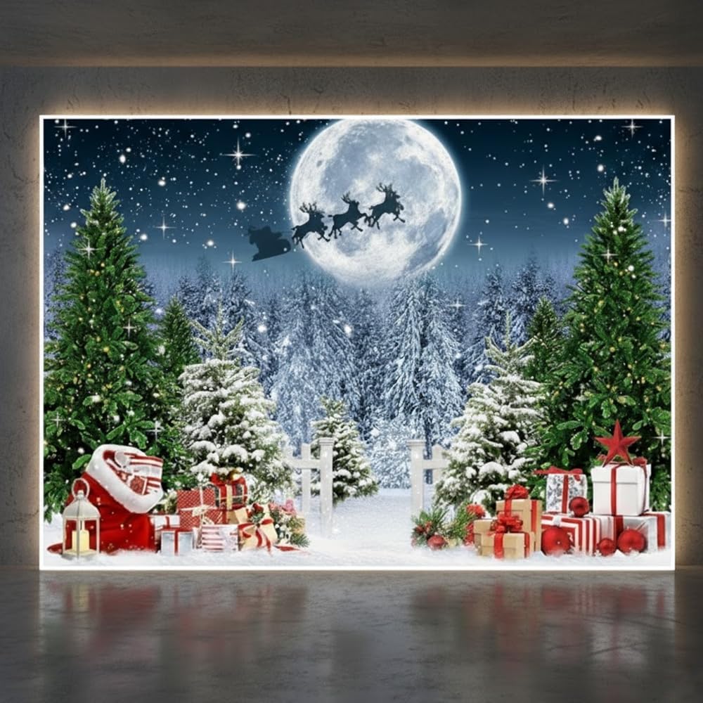 7x5ft Fabric Christmas Backdrop for Photography,Winter Night Snow Background Xmas Tree Forest Snowfall Starry Sky Moon Santa Photo Banner Props