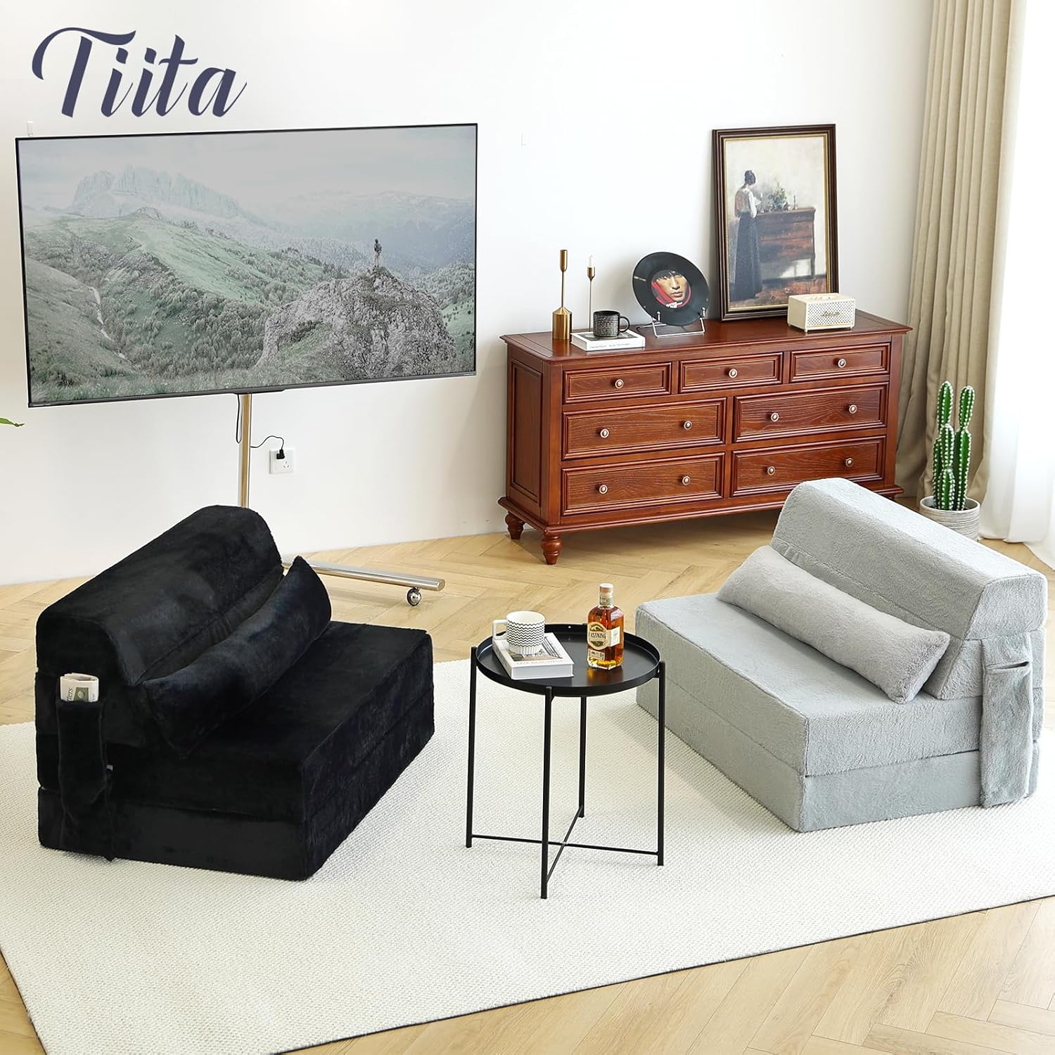 Tiita Folding Sofa Bed with Pillow 200x70x12cm Mattress&Plush Fabric Foldable Sofa Lounge Mat Pad,Floor Lounger Chair Bed for Living Room,Guest Room,Dorm,Apartment,Camping and Travel Use